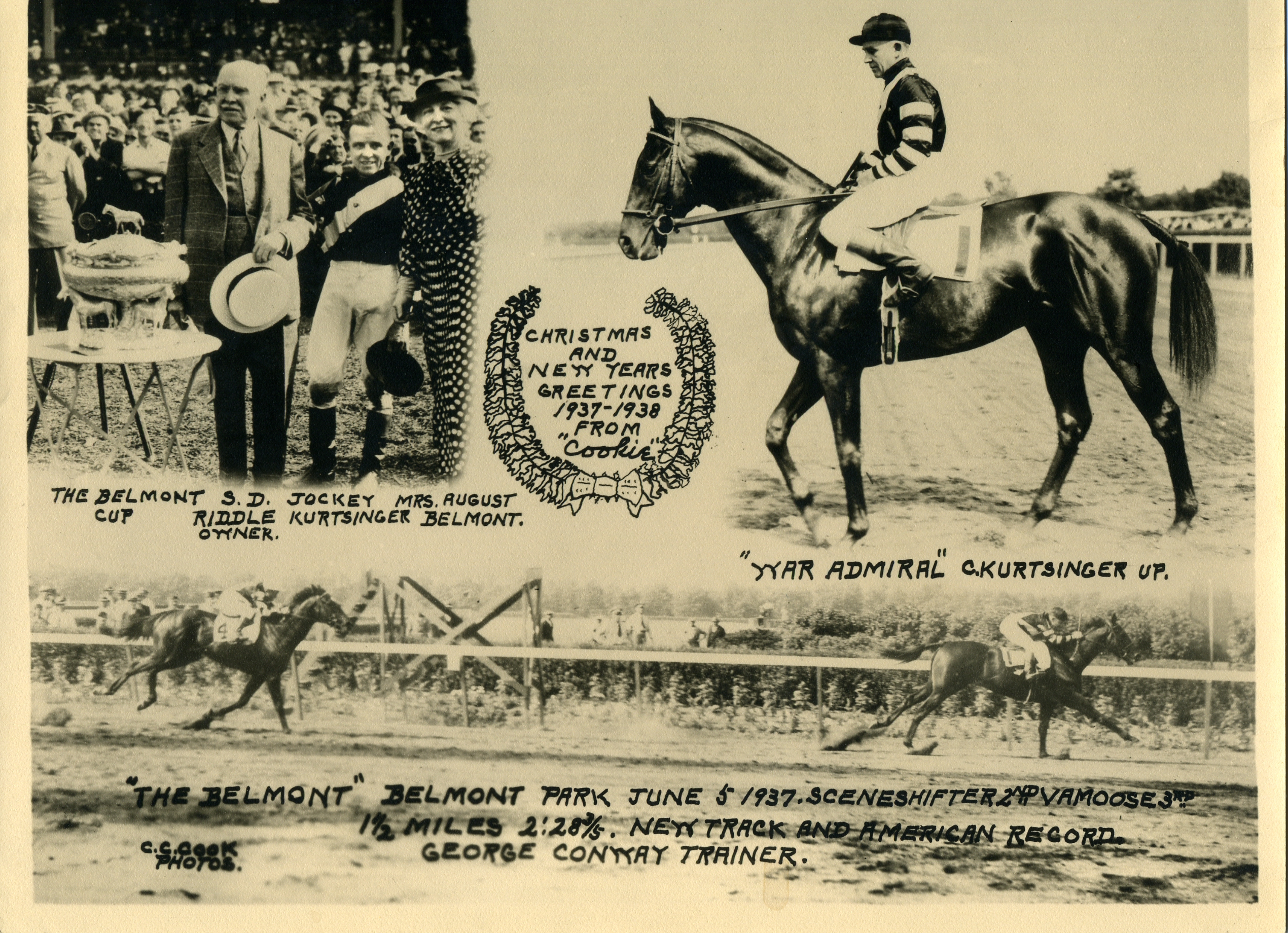 The 1937 Belmont Stakes, won by War Admiral (Charles Kurtsinger up) featured in the annual "Christmas Cookie" greeting card produced by photographer C. C. Cook (C. C. Cook/Museum Collection)