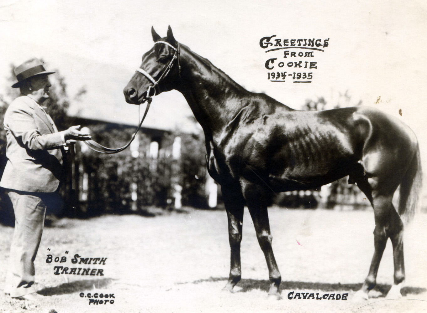 Cavalcade and trainer Robert Smith featured in the 1934 "Christmas Cookie" greeting card produced by photographer C. C. Cook (C. C. Cook/Museum Collection)