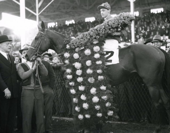 Challedon (Eddie Arcaro up) in the winner's circle for the 1939 Pimlico Special (Keeneland Library Morgan Collection/Museum Collection)