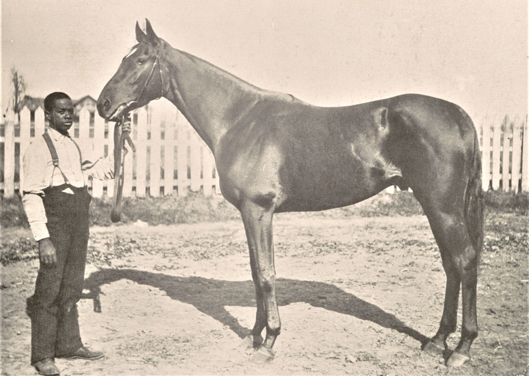 Photograph of Henry of Navarre with unindentified handler from "The American Turf" (Keeneland Library Collection)