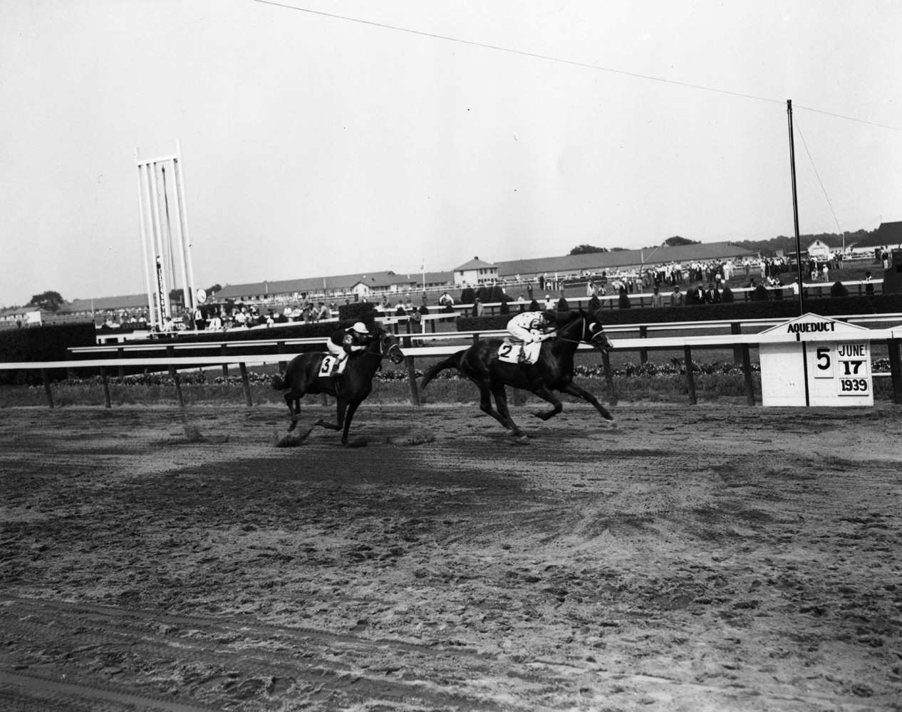 Johnstown (James Stout up) winning the 1939 Dwyer Stakes at Aqueduct (Keeneland Library Morgan Collection/Museum Collection)