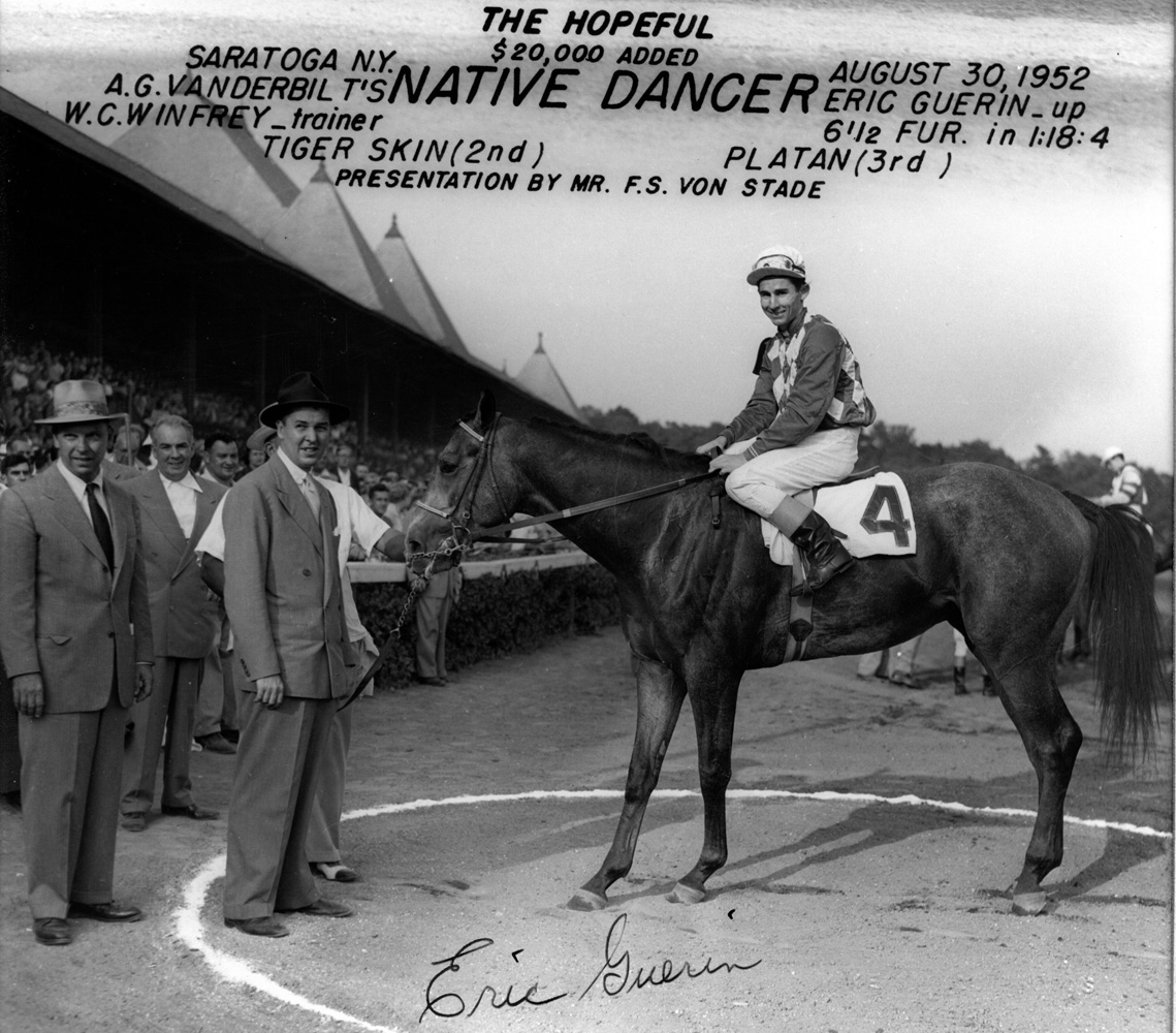 Winner's circle photo for the 1952 Hopeful, won by Native Dancer with Eric Guerin up (Bert Morgan/Museum Collection)