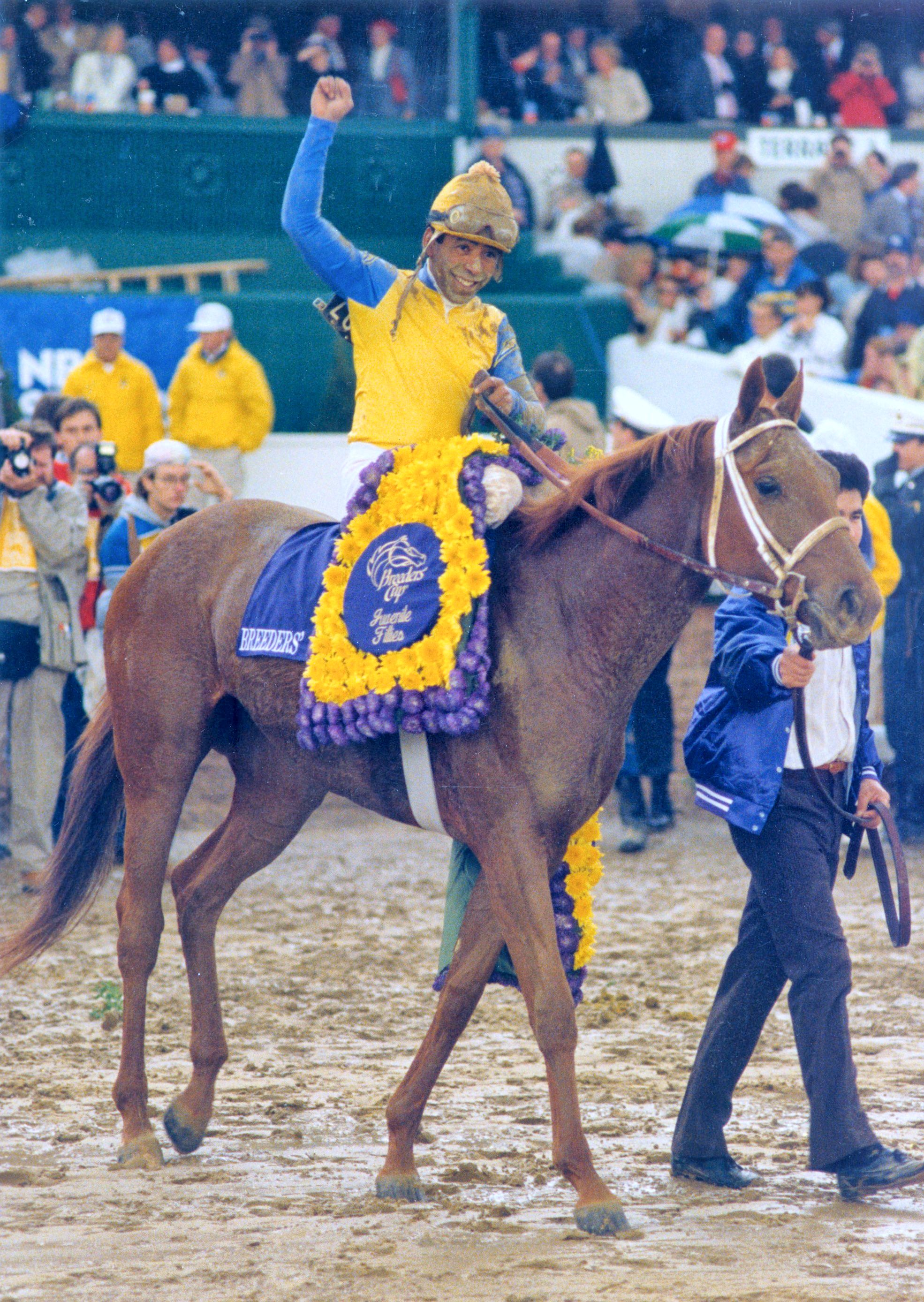Open Mind (Angel Cordero up) after winning the 1988 Breeders' Cup Juvenile Fillies at Churchill Downs (The BloodHorse)