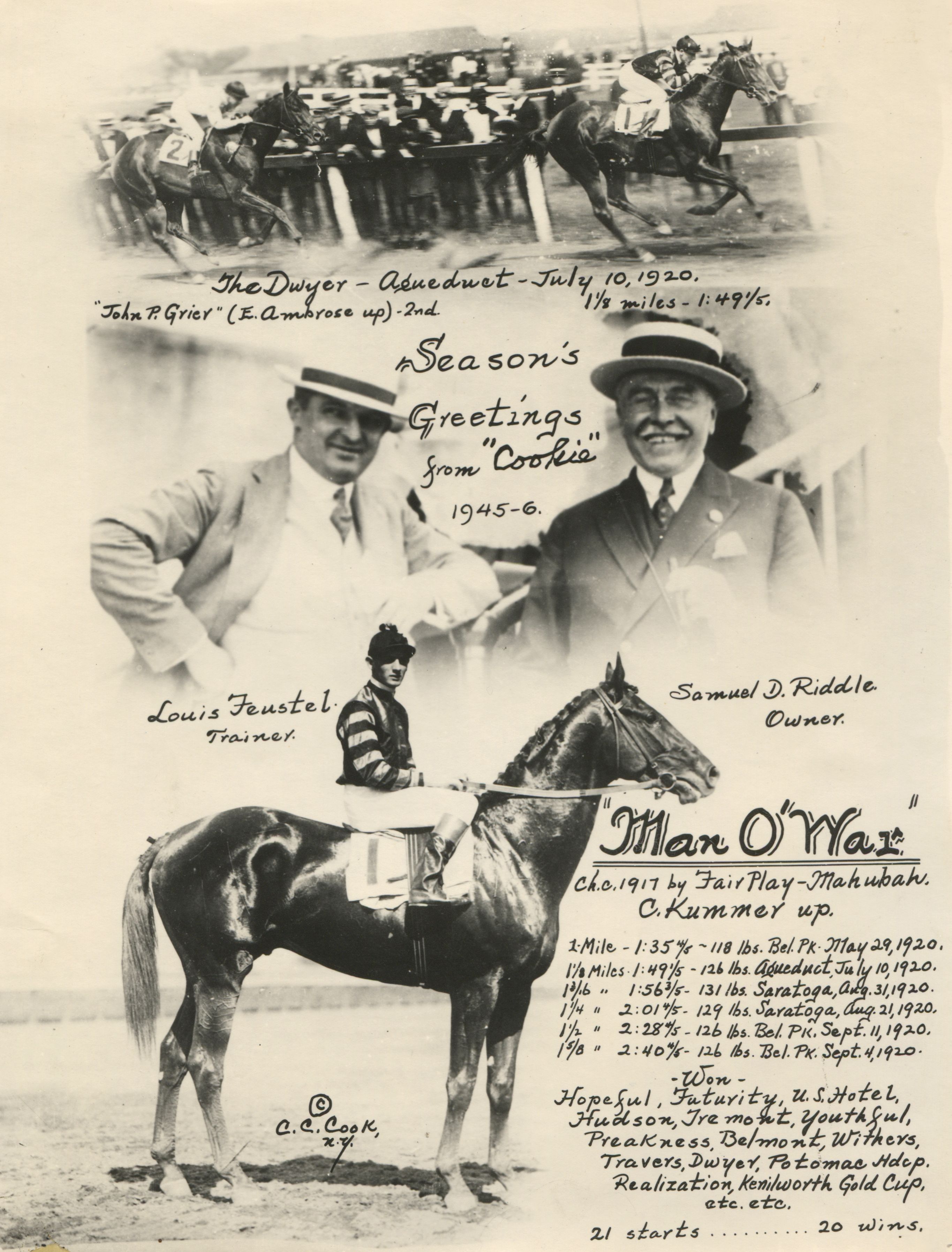 The 1920 Dwyer Stakes, won by Man o' War featured in the annual "Christmas Cookie" greeting card produced by photographer C. C. Cook (C. C. Cook/Museum Collection)