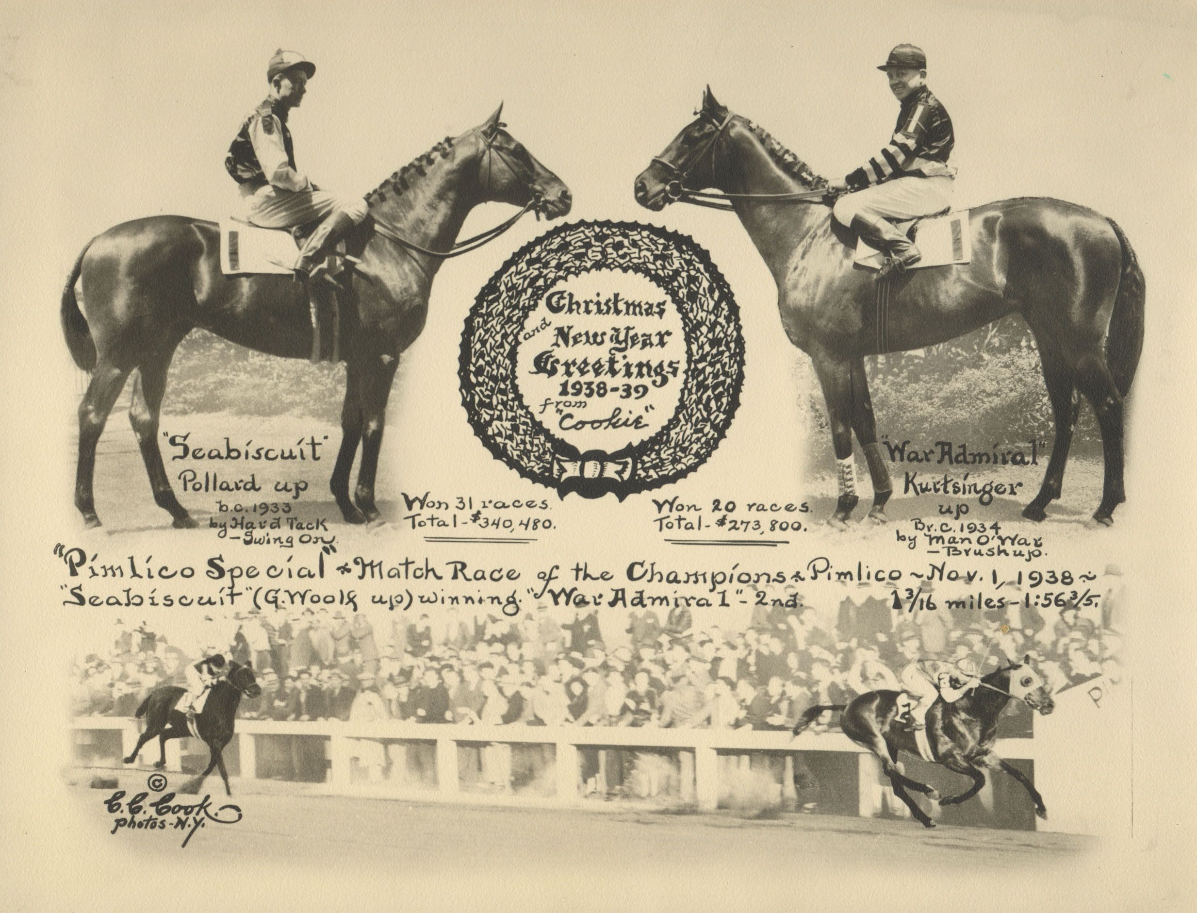 Seabiscuit vs. War Admiral, 1938 Pimlico Special, from a C. C. Cook Christmas card (C. C. Cook)