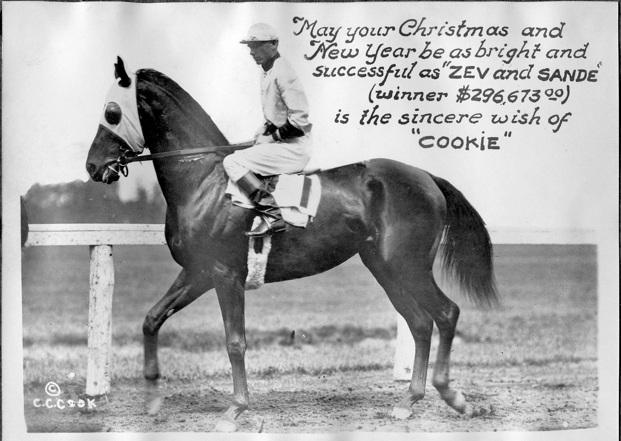 Zev (Earl Sande up) featured in a "Christmas Cookie" greeting card produced by photographer C. C. Cook (C. C. Cook/Museum Collection)
