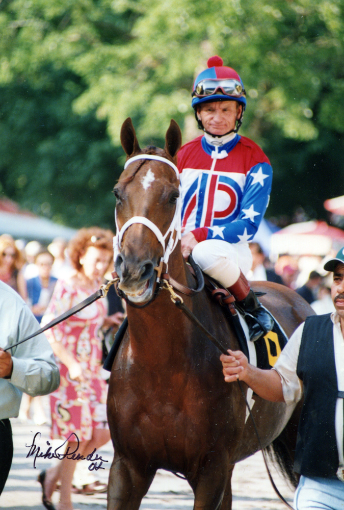 Pat Day and Azeri before winning the 2004 Go For Wand Stakes at Saratoga (Mike Pender/Museum Collection)