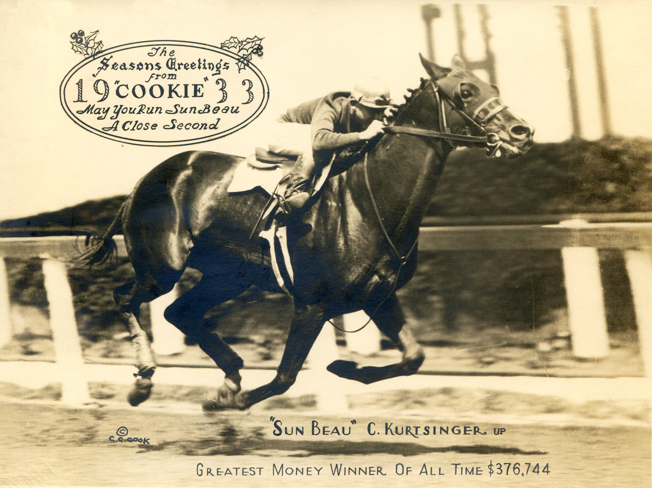 Sun Beau with Charles Kurtsinger up featured in the 1933 "Christmas Cookie" greeting card produced by photographer C. C. Cook (C. C. Cook/Museum Collection)