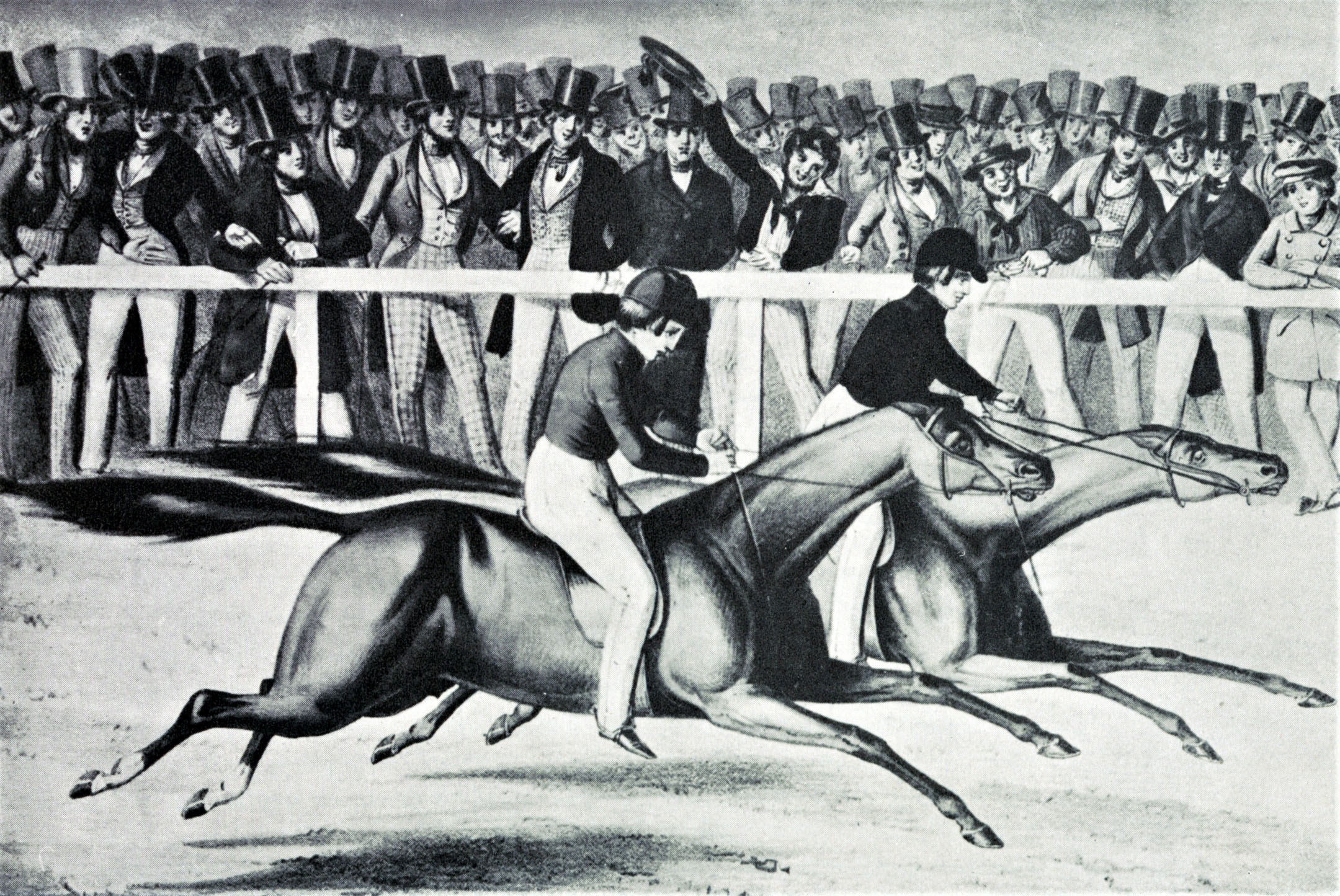 An illustration from Hervey's "Racing in America" depicting Gilbert W. Patrick (Gilpatrick) and Boston defeating Fashion at the Union Course match race on May 10, 1842 (Keeneland Library Collection/Museum Collection)