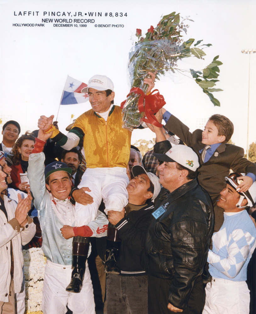 Laffit Pincay, Jr. breaks Bill Shoemaker's record and sets a new world record for most wins by a jockey at 8,834 on December 10, 1999 at Hollywood Park (Benoit Photo/Museum Collection)