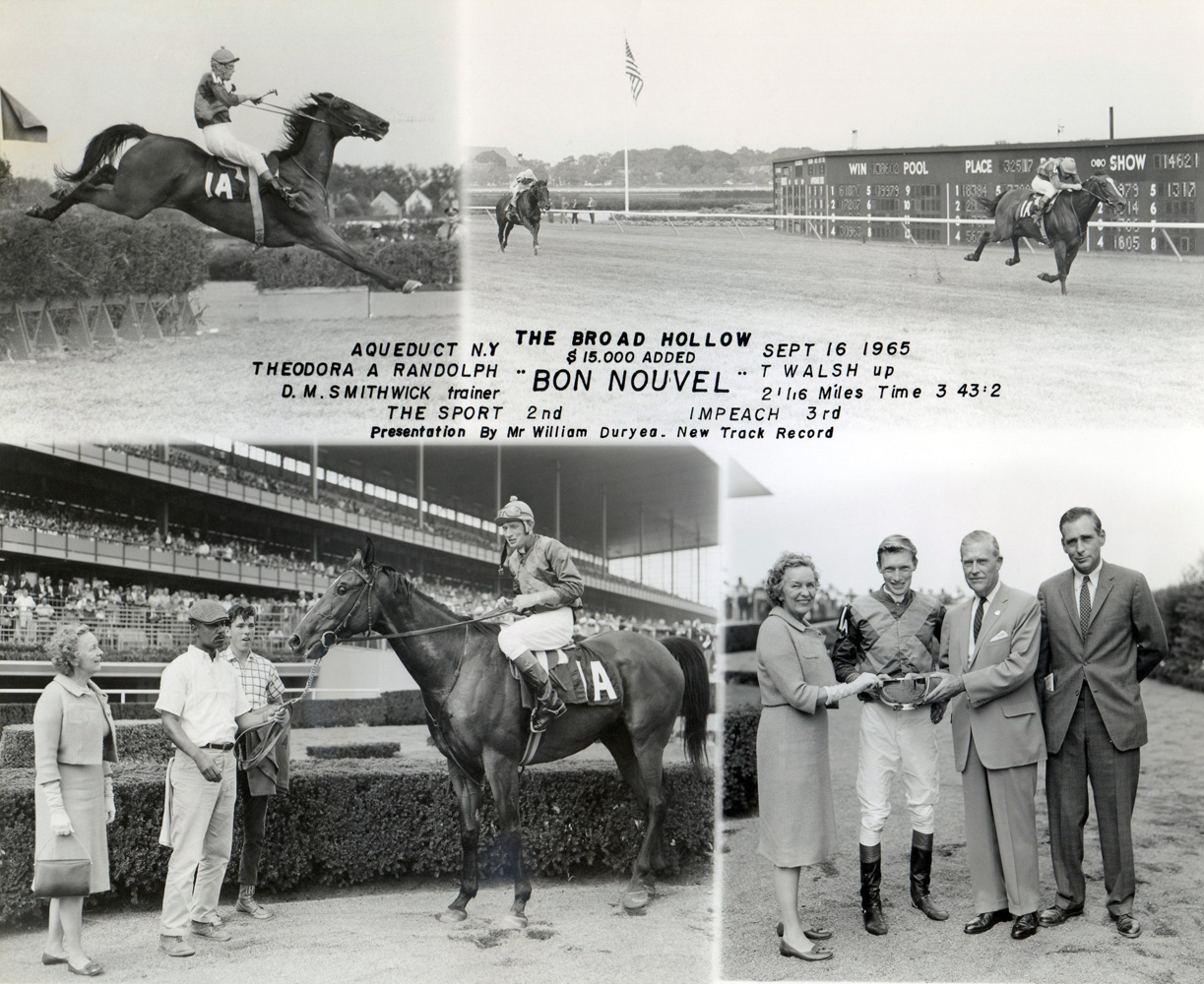 Win composite from the 1965 Broad Hollow at Aqueduct, won by Tommy Walsh and Bon Nouvel (NYRA/Museum Collection)