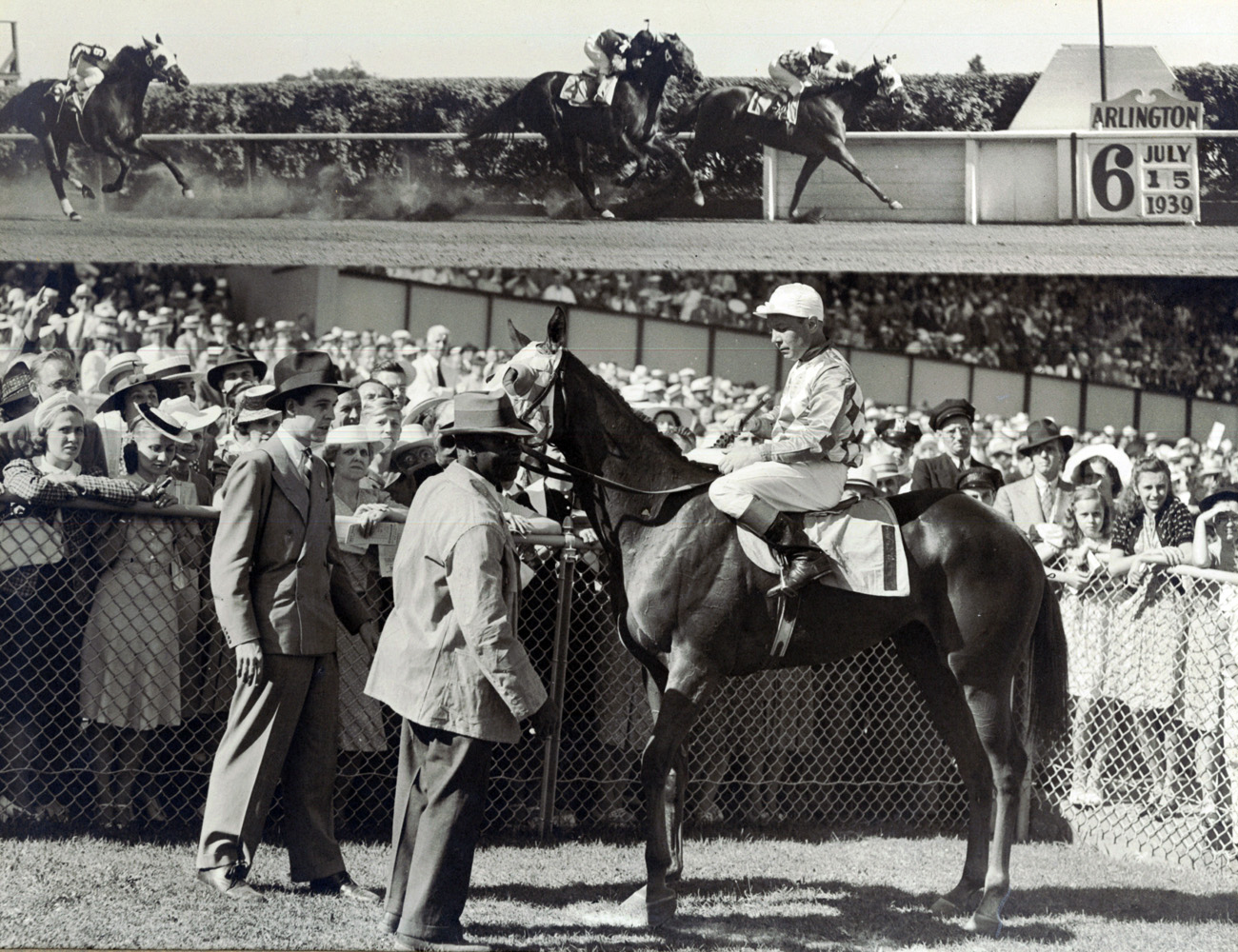 Win composite from the 1939 Arlington Lassie, won by Raymond Workman and Now What (Carl Schultz Turf Photo/Museum Collection)