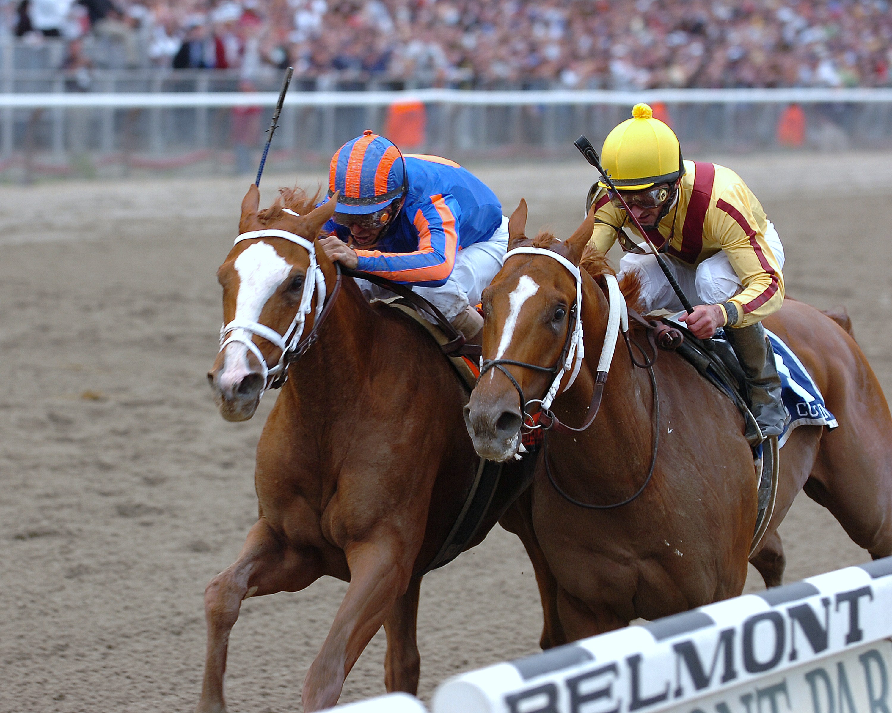 Rags to Riches, left, with John Velazquez up, defeats Curlin to win the 2007 Belmont Stakes (NYRA)
