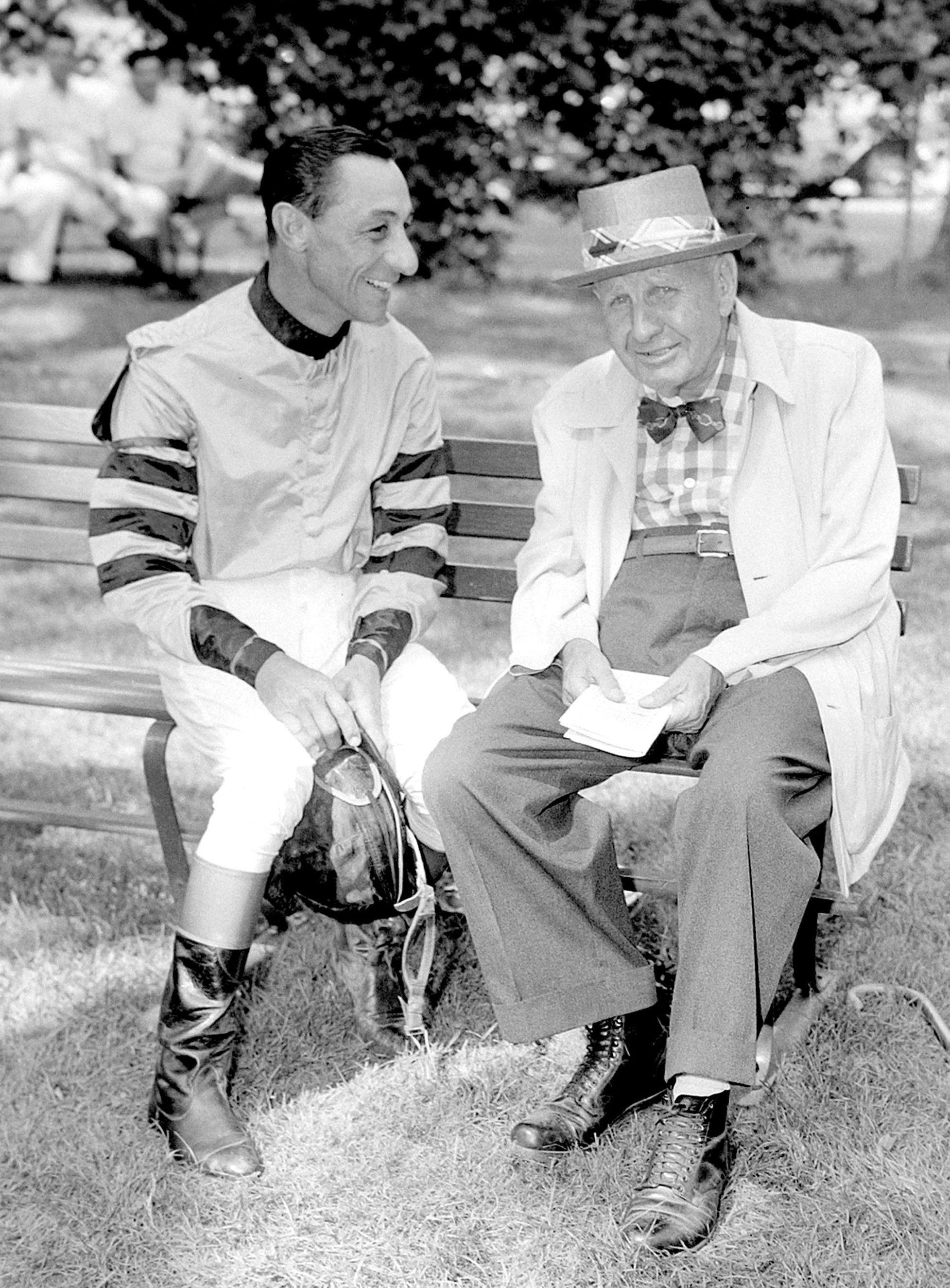Eddie Arcaro, left, with James "Sunny Jim" Fitzsimmons (Keeneland Library Morgan Collection)
