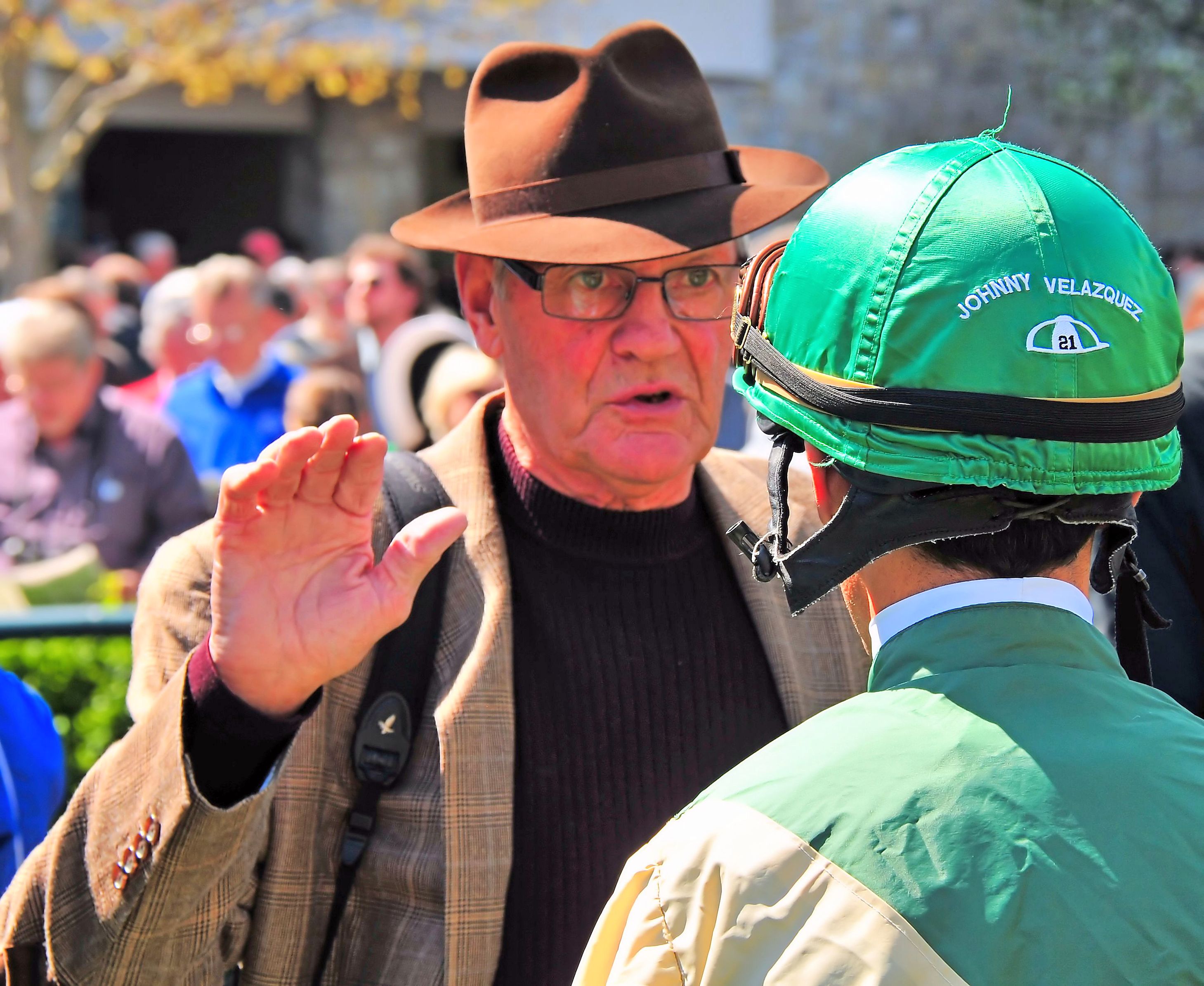 Roger Attfield and John Velazquez in the paddock at Keeneland, April 2014 (Brien Bouyea)