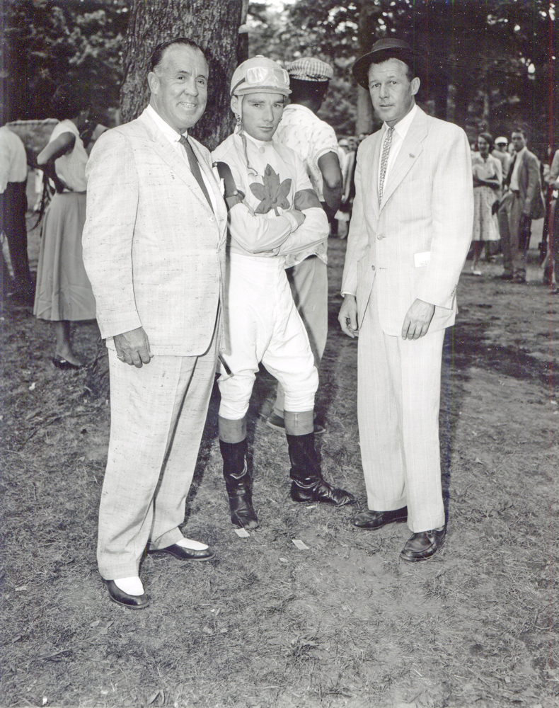 W. Burling Cocks with Vernon D. Cardy and jockey Mike Scudamore at Saratoga (Keeneland Library Morgan Collection/Museum Collection)