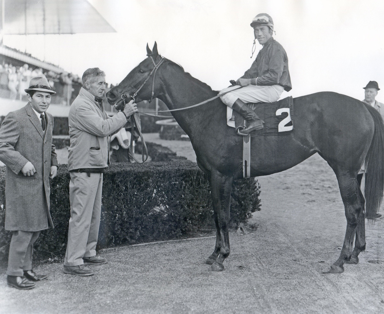 Trainer Flint S. "Scotty" Schulhofer and Ta Wee (John Rotz up) in the winner's circle (Bob Coglianese/Museum Collection)