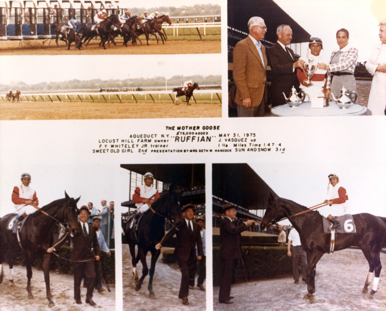 Win composite photograph from the 1975 Mother Goose at Aqueduct, won by Ruffian (Jacinto Vasquez up), trained by Frank Whiteley, Jr. (NYRA/Museum Collection)